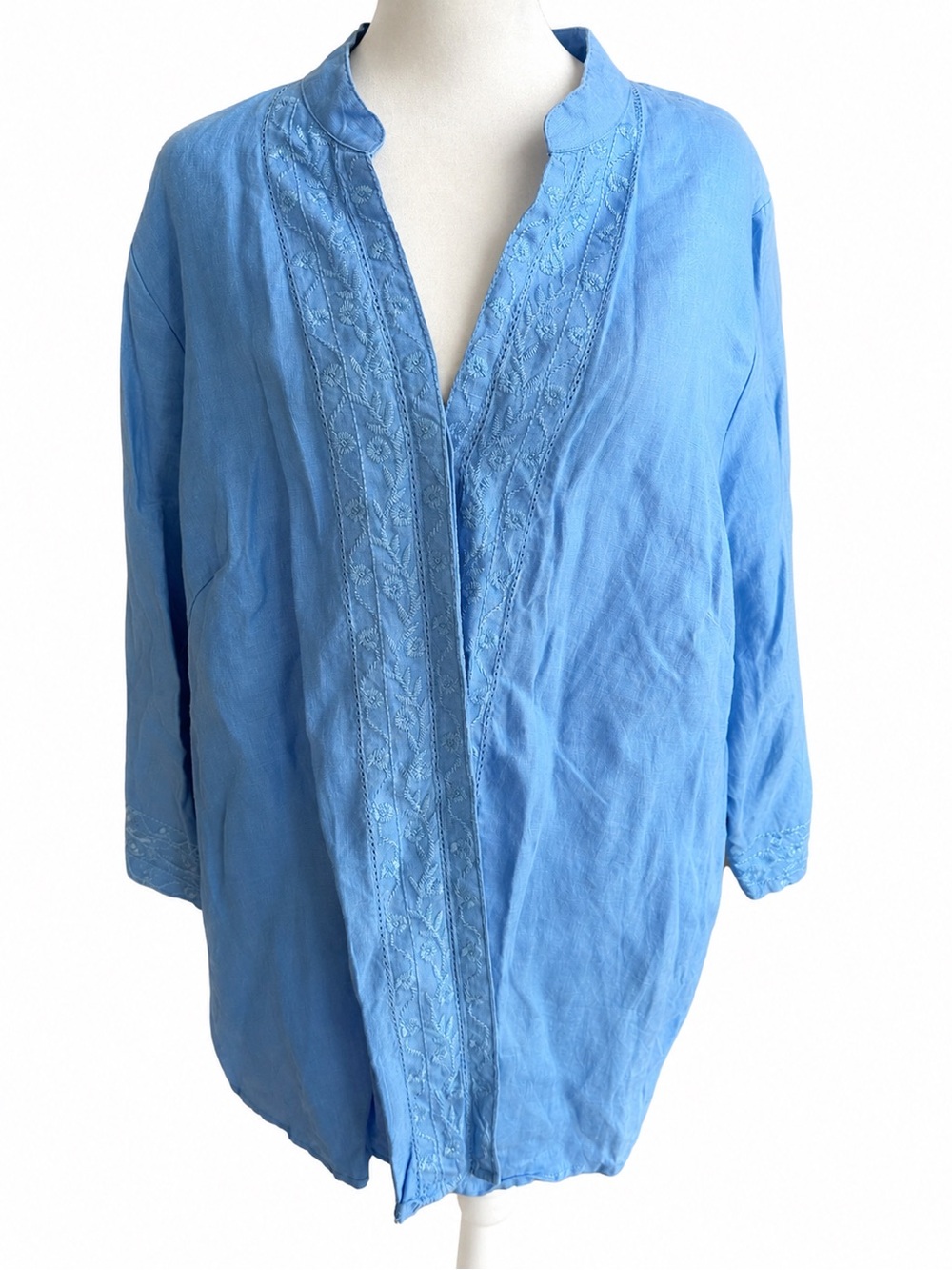 Lucy & Laurel Woman 2X Blue Embroidered Linen Blend Tunic Blouse Boho 3/4 Sleeve